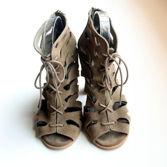 MIA Military Green Suede Leather Peep Toe Cutout Lace-up Heels Bootie Shoes 6 - Picture 13 of 16